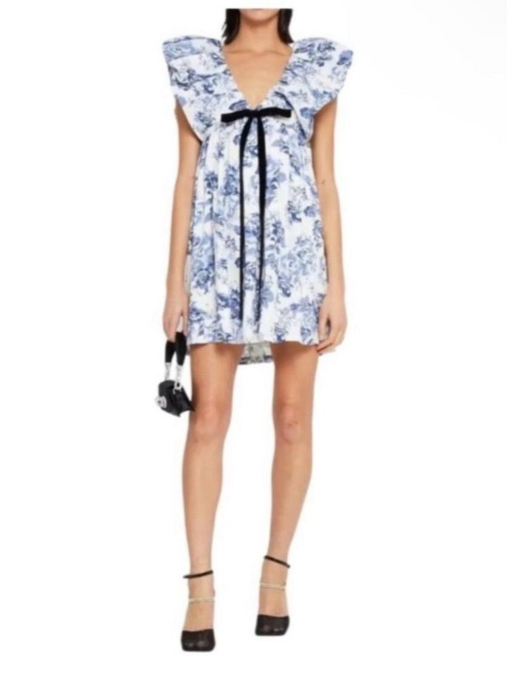 OPT NWT Blue Floral Ruffle V-Neck Mini Dress with Ribbon Tie